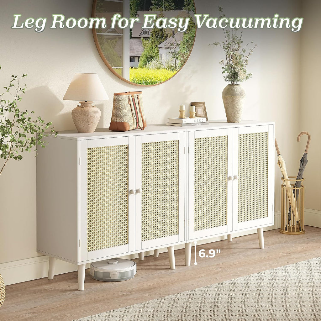 Huuger Buffet Cabinet with Storage, Storage Cabinet with PE Rattan Decor Doors, Solid Wood Feet, for Hallway, Entry, Living Room, White