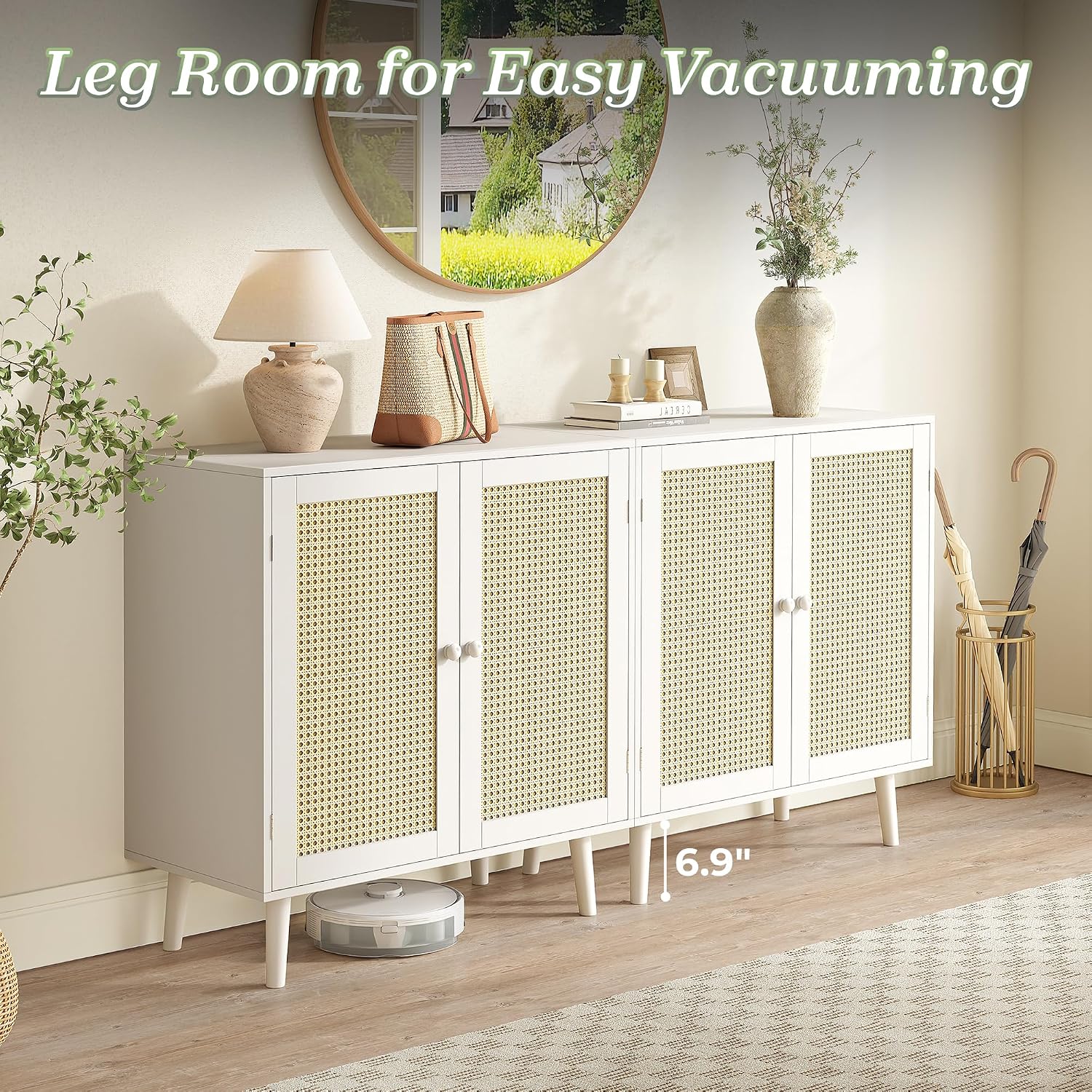 Huuger Buffet Cabinet with Storage, Storage Cabinet with PE Rattan Decor Doors, Solid Wood Feet, for Hallway, Entry, Living Room, White