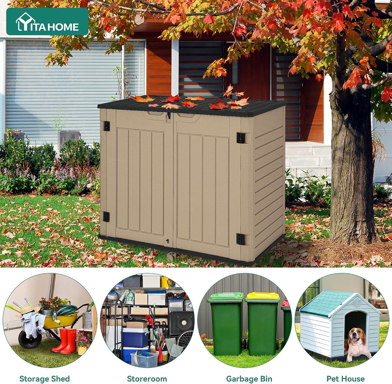 YITAHOME Outdoor Resilient Storage Shed, 35 Cu Ft Lockable Weatherproof Resin Unit, Fit for Garden Equipment, Simple Assembly (Brown)