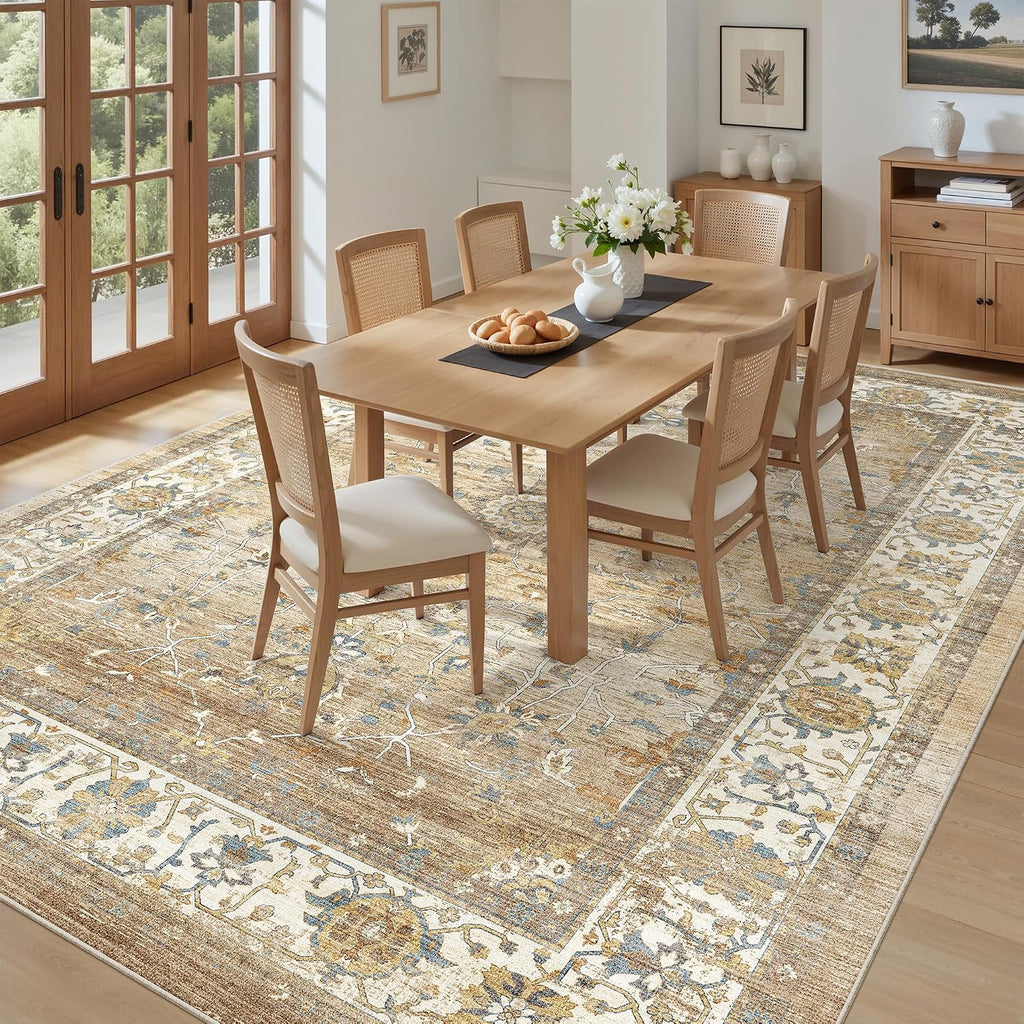 befbee 9x12 Area Rug,Ultra-Thin Washable Rugs for Living Room,Non-Slip Lightweight Foldable Area Rug,Stain Resistant Vintage Large Rugs (Apricot/Blue, 9'x12')