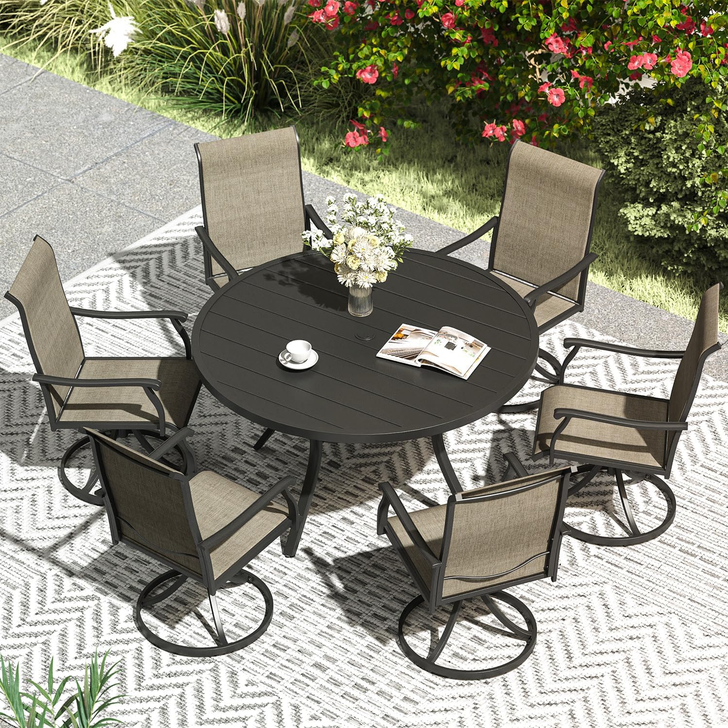 VICLLAX 47.2' Outdoor Round Patio Table for Lawn Garden, All Weather Metal Round Patio Dining Table with Adjustable Umbrella Hole, 6 Person Patio Table, Black Tabletop