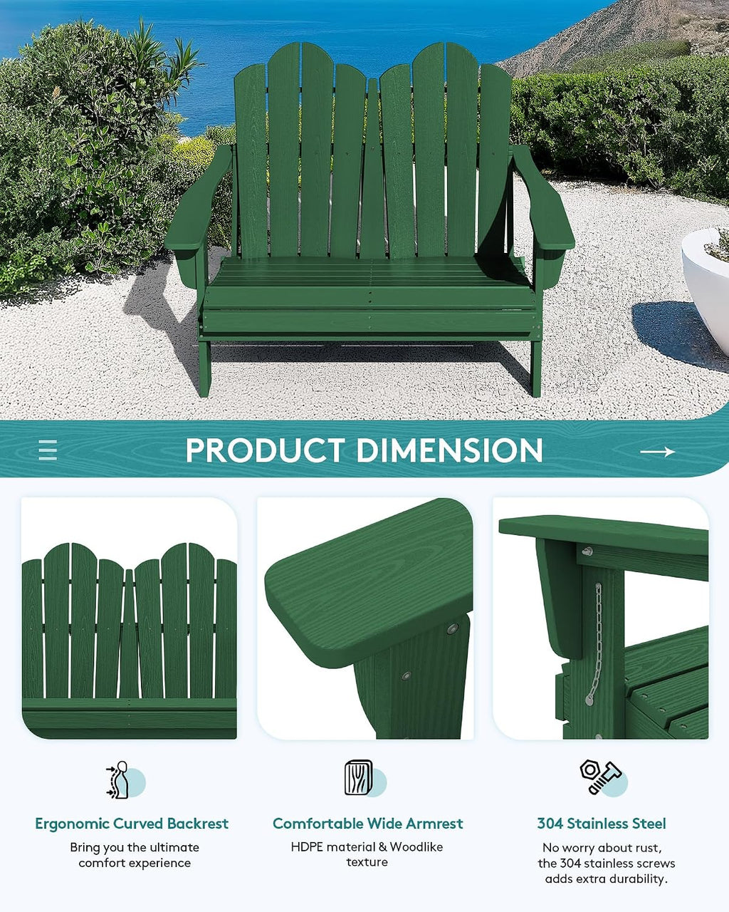 SERWALL Folding Adirondack Bench, HDPE All-Weather Adirondack Loveseat, 660 lbs Capacity, Foldable Outdoor Patio Bench for Deck, Lawn, Garden, Green