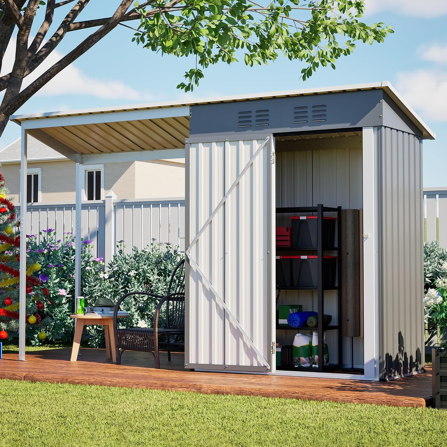 YOPTO 5×3 FT Outdoor Storage Shed & Gazebo Combo,Lean to Metal Tool Shed with Open Pergola,All-Weather 2-in-1 Garden Shed & Gazebo W/Sloping Roof and Lockable Door,for Backyard,Patio,Lawn(Gray)