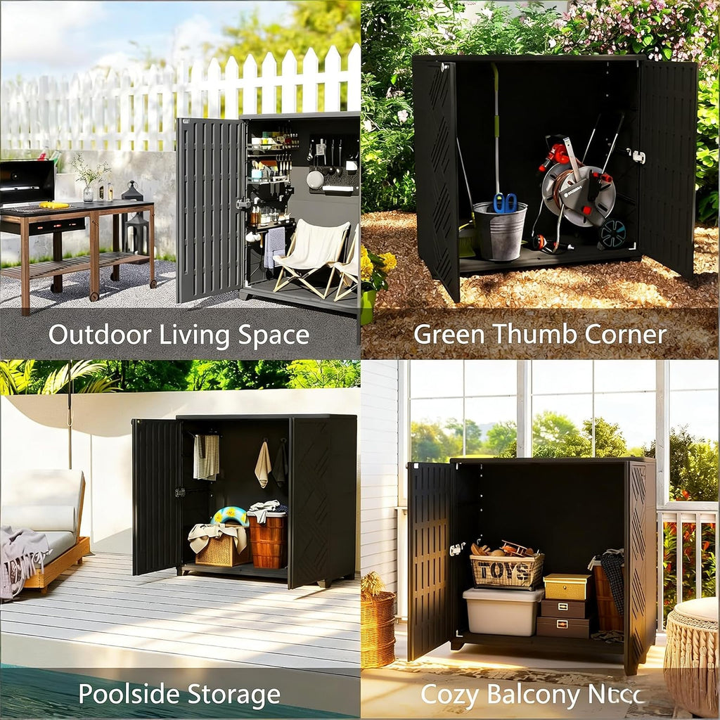 Outdoor Storage Cabinet with Lockable Doors, Portable Horizontal HDPE Plastic Storage Shed, Outdoor Waterproof Storage Cabinet for Pool Storage, Garden Shed, Black