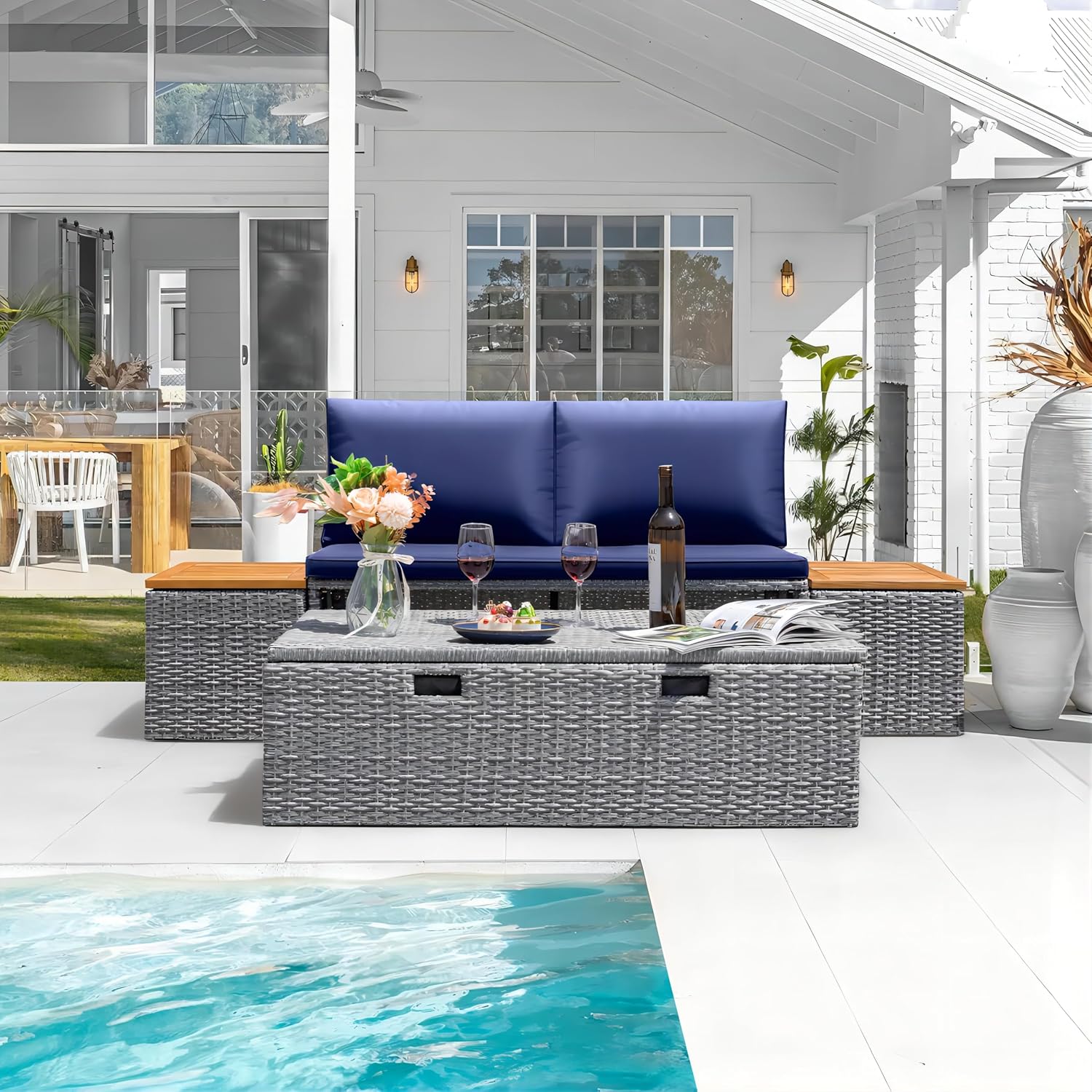 Greesum Outdoor Daybed Set Multifunctional Wicker Lounge Bed Furniture with Two Side Tables, Cushions, Storage Bench for Porch Lawn Patio Beach, OneSize, Blue