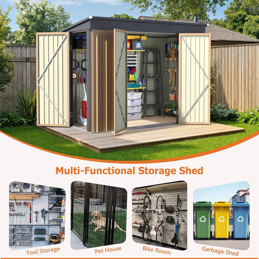 JUMMICO 8x4 FT Outdoor Storage Shed, Heavy Duty Tool Metal Sheds with 3 Lockable Doors and Updated Frame Structure for Backyard Patio Lawn, Brown