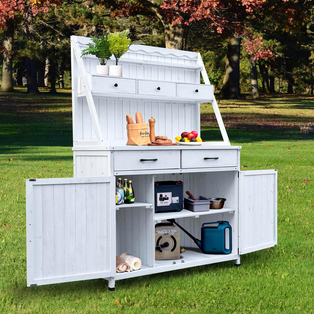 GDFStudio Farmhouse Outdoor Storage Bench Table with Cabinet, Fir Wood Potting Bench Plant Bench, Large Garden Storage Work Bench with Drawers Removable Shelf for Backyard Patio Greenhouse, White