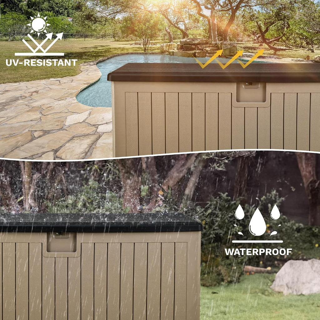 DWVO 260 Gallon Double-Wall Deck Box with Divider, XXL Extra Large Resin Outdoor Storage Box, Lockable & Waterproof, Double as Seating, 1000lbs Capacity (Black&Brown)