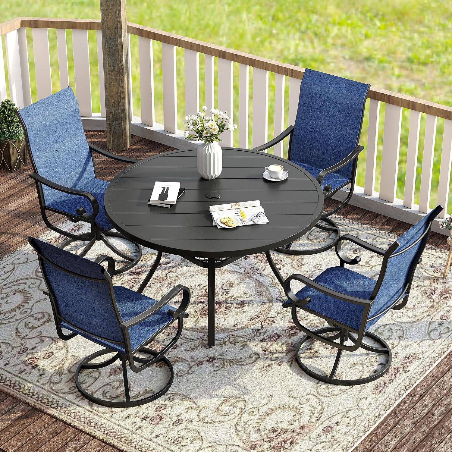 VICLLAX 41.2'x 28' Outdoor Round Patio Table for Lawn Garden, All Weather Metal Round Patio Dining Table with Adjustable Umbrella Hole, Patio Table for 4 Person, Black Tabletop