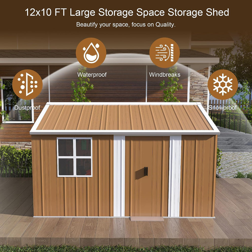 12x10 FT Heavy-Duty Metal Tool Shed with Windows, Lockable Door & Ventilation, Weatherproof Outdoor Garden Storage Shed for Backyard, Lawn, and Tool Organization, Brown