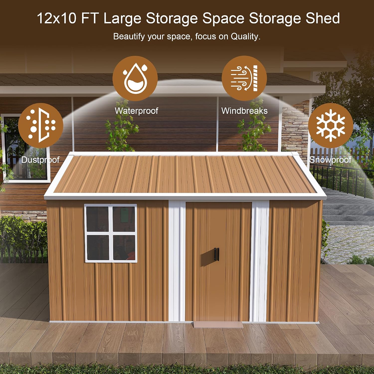 12x10 FT Heavy-Duty Metal Tool Shed with Windows, Lockable Door & Ventilation, Weatherproof Outdoor Garden Storage Shed for Backyard, Lawn, and Tool Organization, Brown