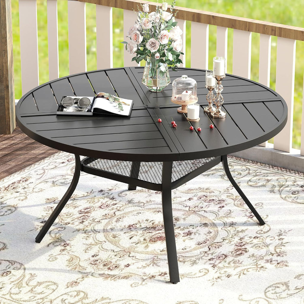 VICLLAX Round Patio Table with Adjustable Umbrella Hole for 6, All Weather 47.2' Metal Outdoor Dining Table for Lawn Garden, Black
