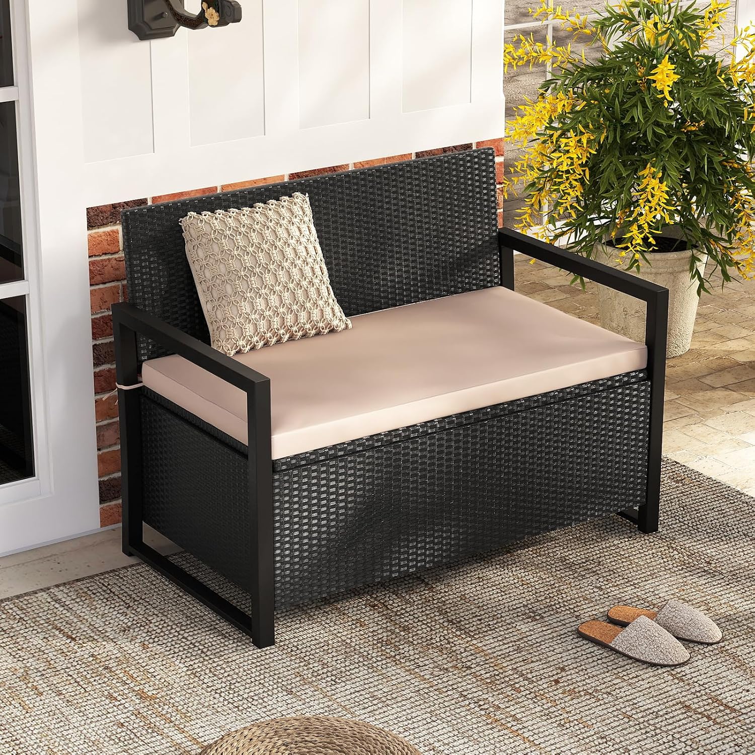 Tangkula 40 Gallon Outdoor Bench with Storage, Patio Wicker Storage Bench with Cushion, Cover, Metal Frame, Deck Box Seat for Backyard, Poolside, Balcony, Garden
