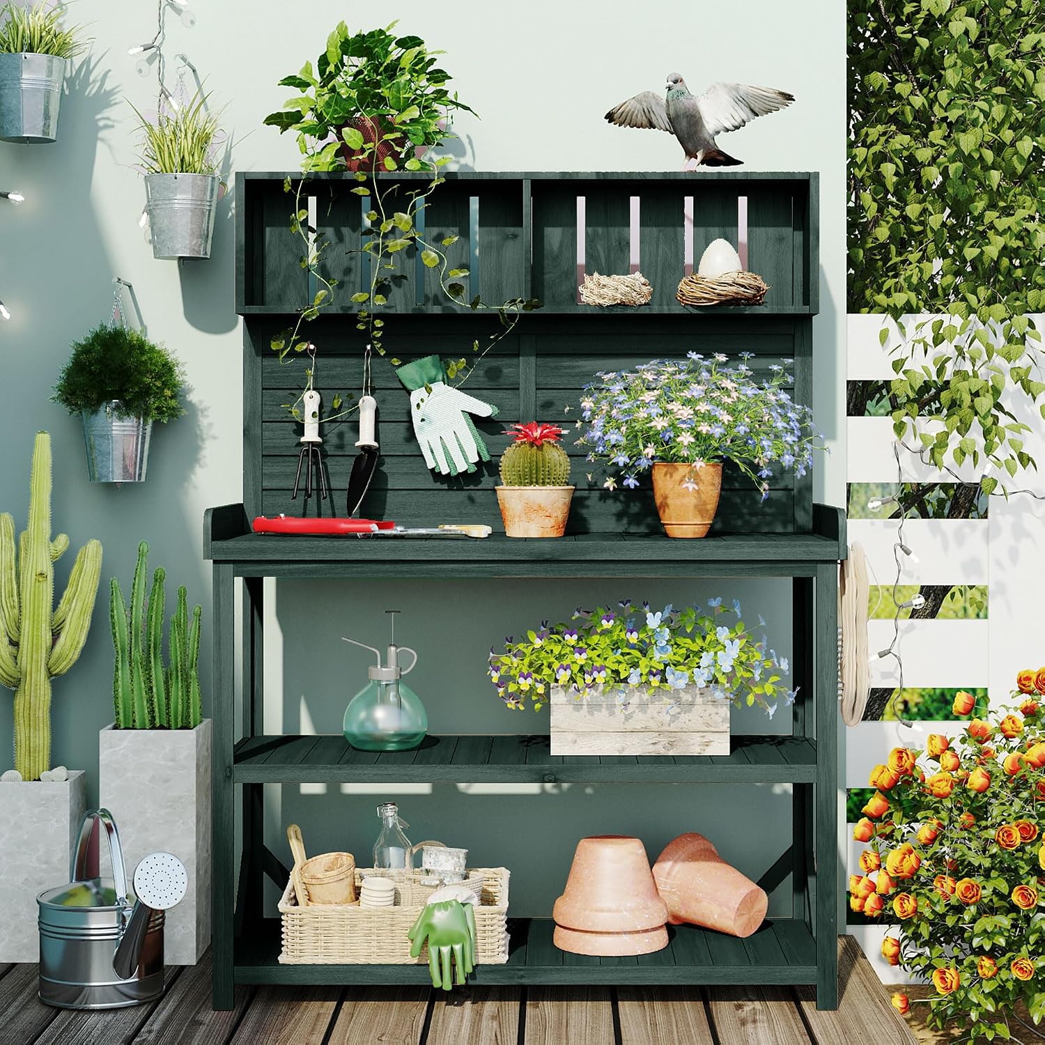 Outdoor Potting Bench Table with Storage, Farmhouse Wood Garden Tables with Storage Shelves and Side Hooks, Potting Tables for Outside, Patio, Backyard, Easy Assembly, Dark Green