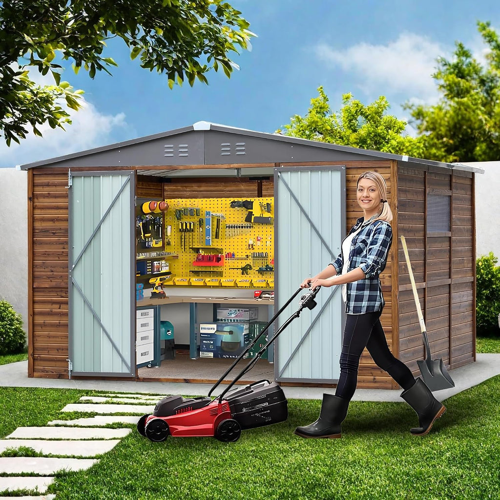 Endark 8x10FT Outdoor Storage Shed with Window, Lockable Sliding Doors & Metal Sloped Roof, Waterproof & Rust-Resistant for Garden, Backyard, Patio, Lawn, for Backyard Tools Storage