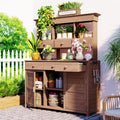 JIVOIT Outdoor Wood Workstation Table, 65.7'' H Tall Garden Potting Bench Table with Hutch, 3 Shelves, 6 Drawers, 2 Bottom Cabinets & Side Hooks, Patio Storage Workstation for Mudroom, Doorway