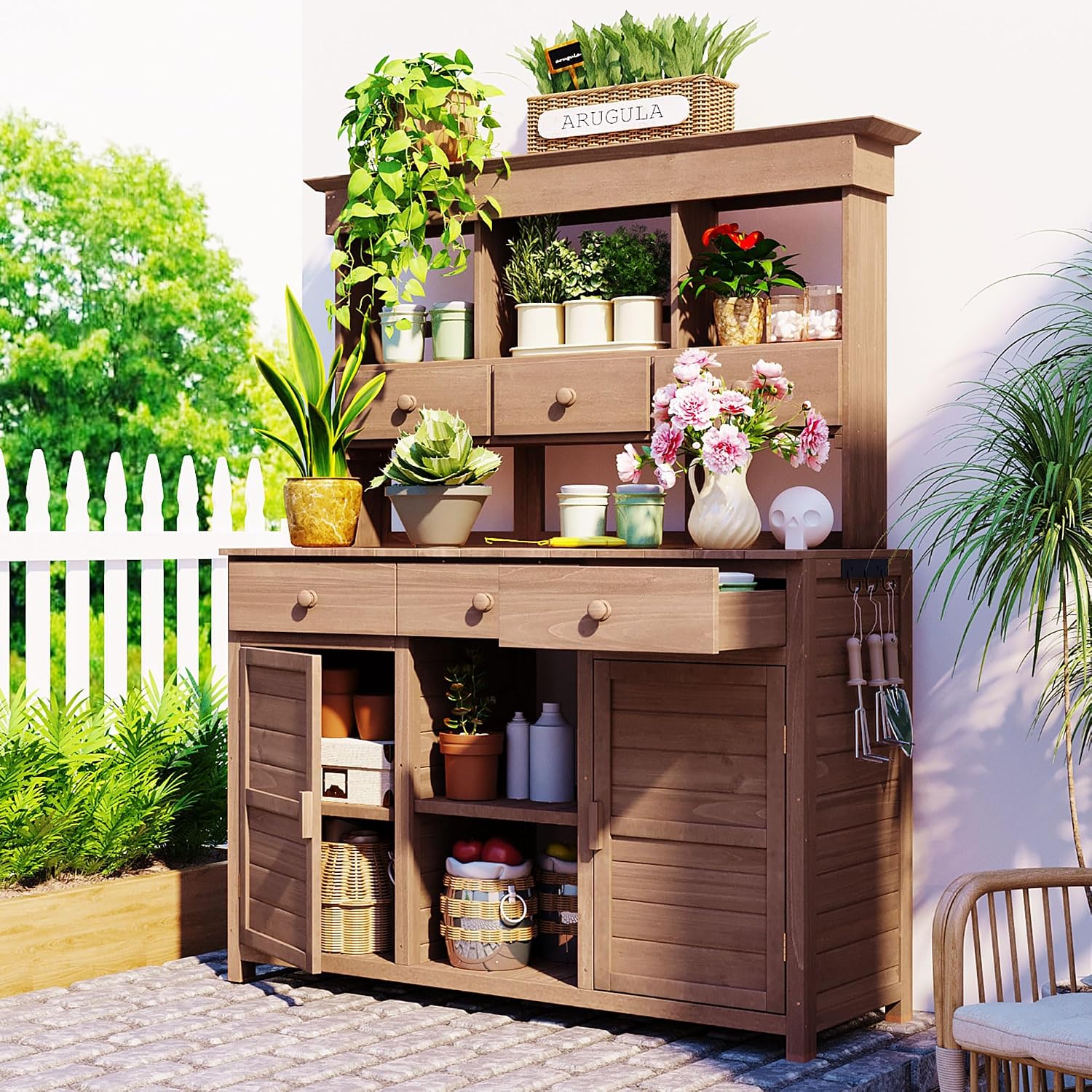 JIVOIT Outdoor Wood Workstation Table, 65.7'' H Tall Garden Potting Bench Table with Hutch, 3 Shelves, 6 Drawers, 2 Bottom Cabinets & Side Hooks, Patio Storage Workstation for Mudroom, Doorway