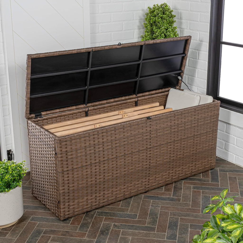 happimess TRK1000B Nino 31.5' Modern Minimalist Outdoor Faux Wicker Deck and Patio Storage Box, Brown, Soft-Close, for Package Delivery, Patio Furniture, Cushions, Gardening Tools, Pool Supplies