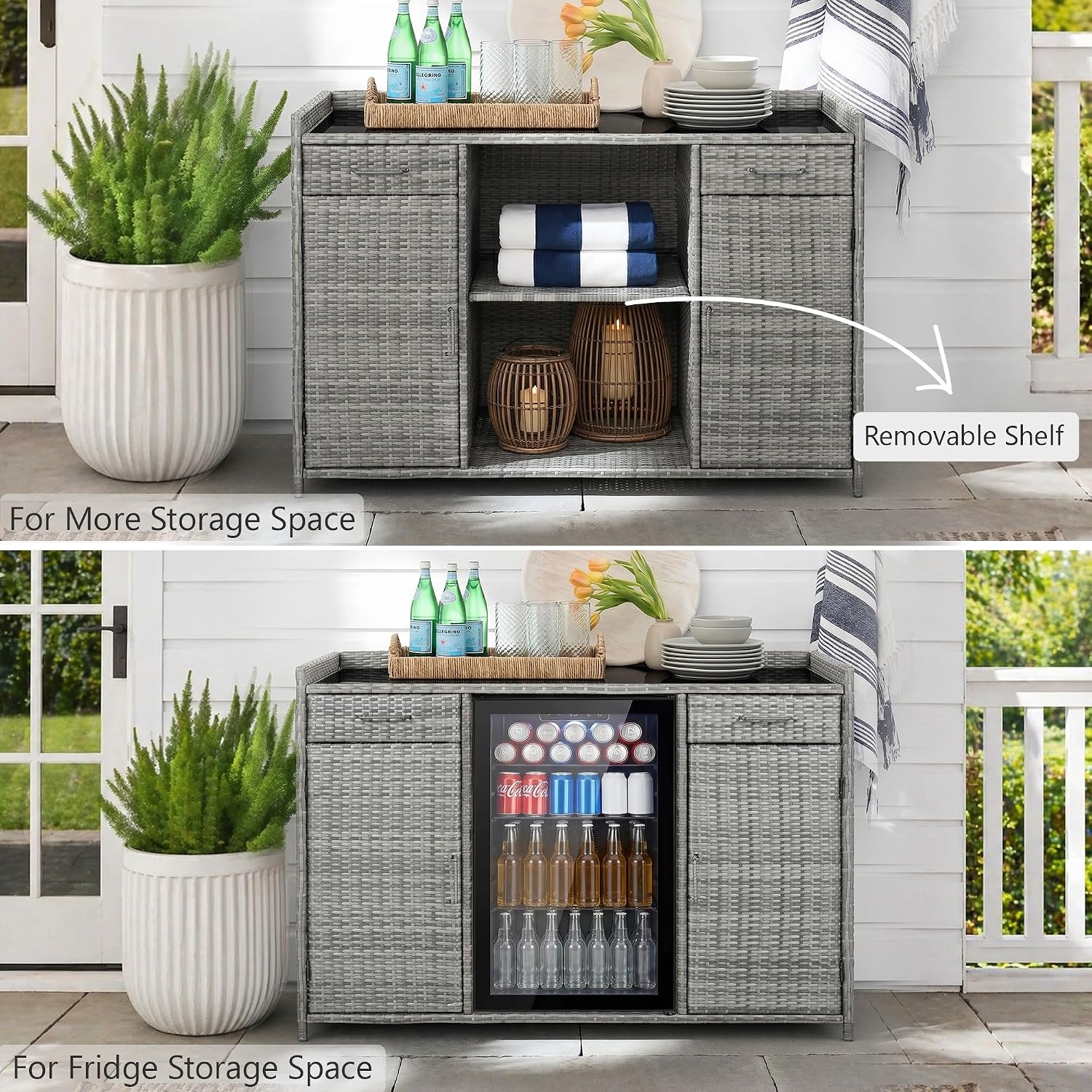 53.5' W Outdoor Wicker Storage Cabinet with Fridge Space, Weatherproof Patio Mini Fridge Bar Cabinet with Adjustable Shelves & Drawers for Outdoor Pool, Towel Storage, Garden, Kitchen, Grey