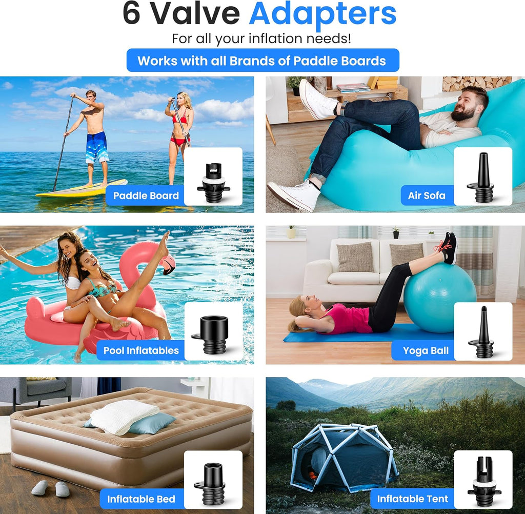 SereneLife Inflatable Stand Up Paddle Board (6 Inches Thick) & Serene Life Digital Electric Air Pump Compressor - 110W 12 Volt Quick Air Inflator w/LCD, 0-16 Adjustable PSI