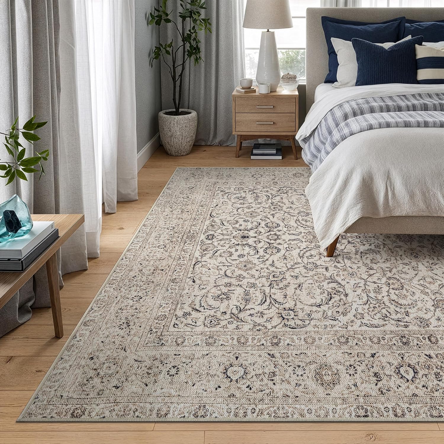Bloom Rugs Washable Non-Slip 9' x 12' Rug - Beige/Off White Traditional Bordered Area Rug for Living Room, Bedroom, Dining Room, and Kitchen - Exact Size: 9' x 12'
