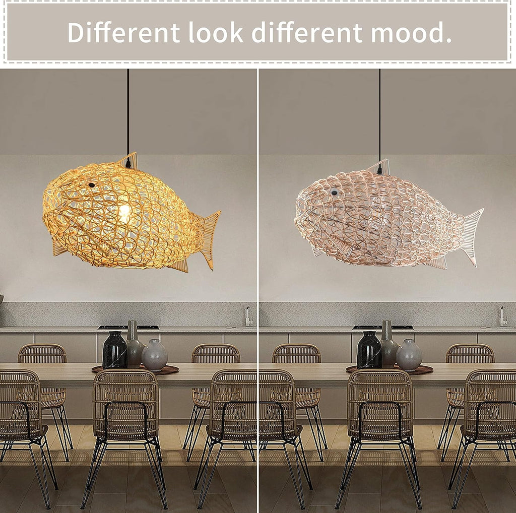 24 inch Fish-Shaped Rattan Woven Pendant Light Boho Chandelier Rustic Farmhouse Chandelier Rattan Light Fixture for Dining Room Living Room Bedroom Kitchen Foyer(Bulb Included)