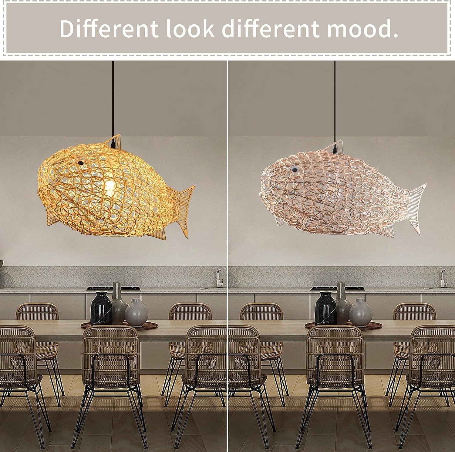 24 inch Fish-Shaped Rattan Woven Pendant Light Boho Chandelier Rustic Farmhouse Chandelier Rattan Light Fixture for Dining Room Living Room Bedroom Kitchen Foyer(Bulb Included)