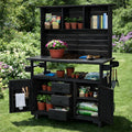 65''H Large Garden Potting Bench, Solid Fir Wood Outdoor Kitchen Island with Lockable Wheels, Stainless Steel top, Drawers, Shelf and Cabinets, Door Shelves and Hutch for Grilling (Black-113)