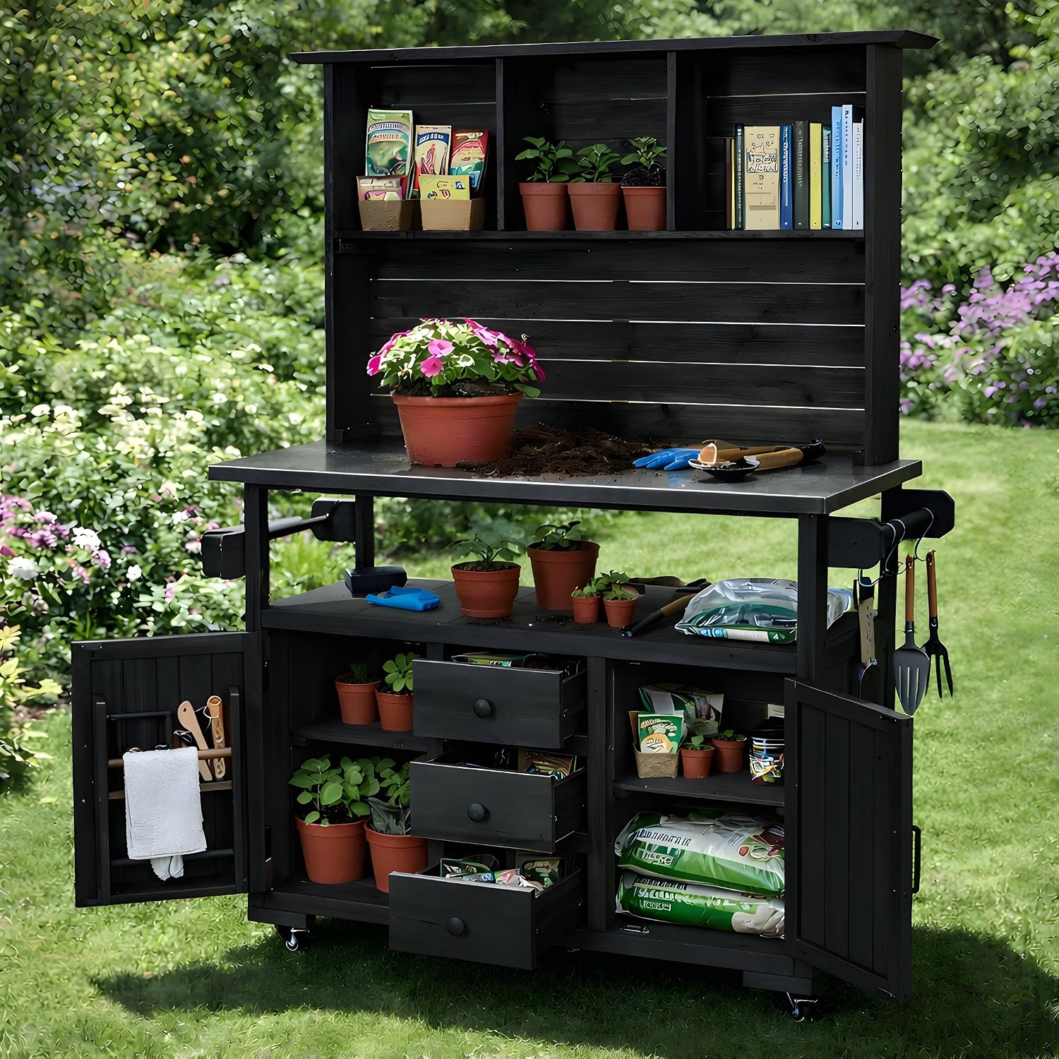 Versatile Garden Potting Bench with Stainless Steel Countertop, Outdoor Workstation for BBQ & Patio Cooking, Mobile Storage Cart Kitchen Island with Wheels (Black/B)