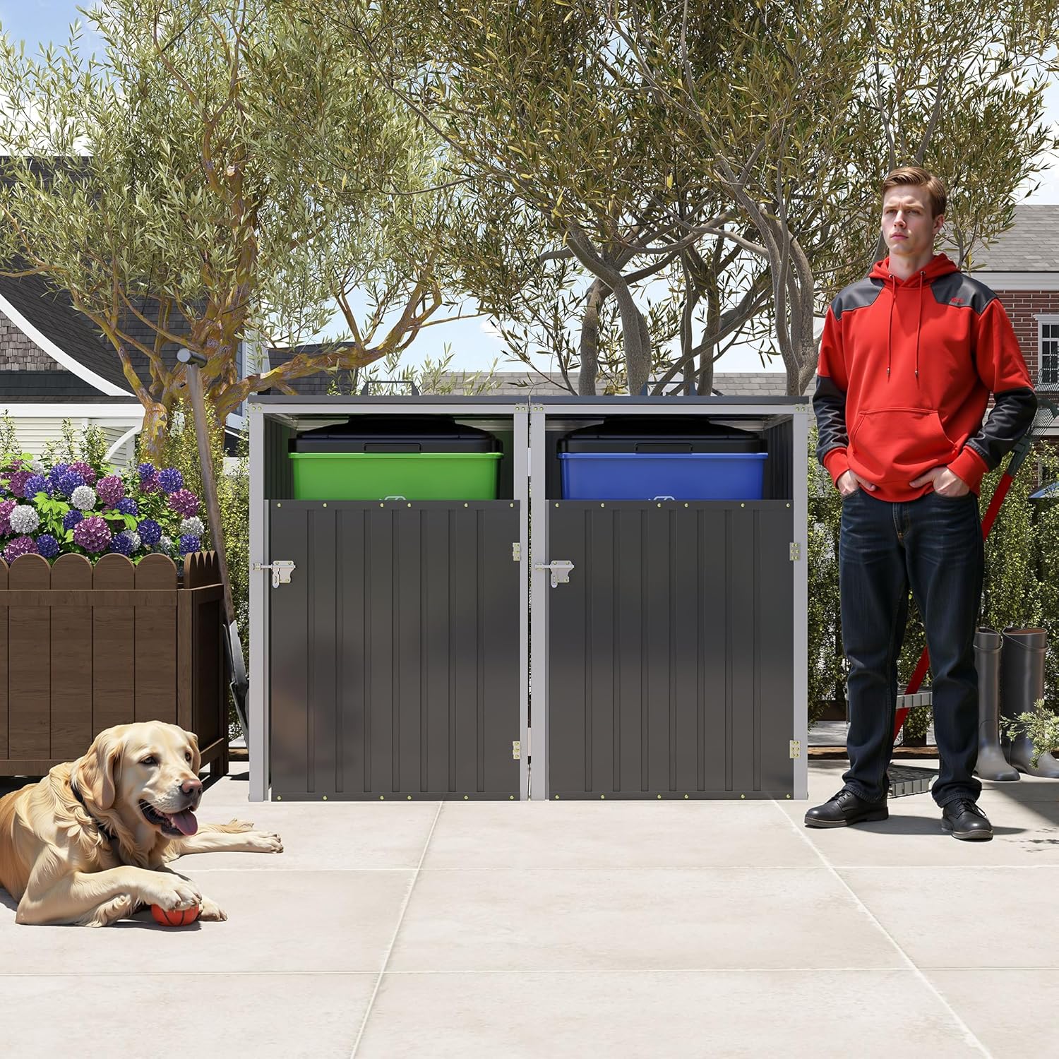 KEIKI 54 Cu.Ft Outdoor Trash Can Storage Shed for 2 Bins, Galvanized Metal Garbage Bin Enclosure with Hydraulic Lid & Dual Chain Design, Weather-Resistant, Dark Gray