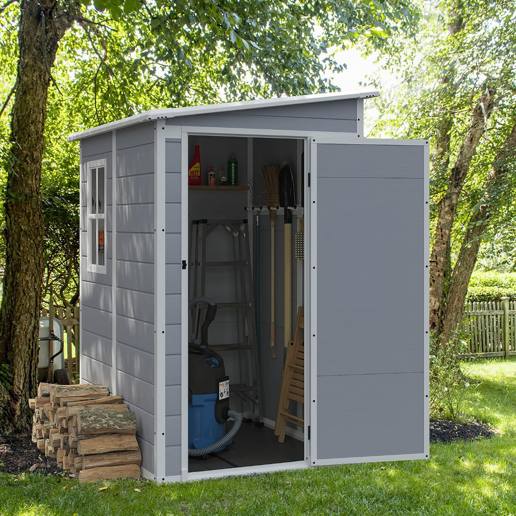 JUMMICO Outdoor Storage Shed, 5 x 4 FT Resin Shed with Floor and Lockable Door, Plastic Garden Tool Outside Sheds for Patio Backyard Lawn