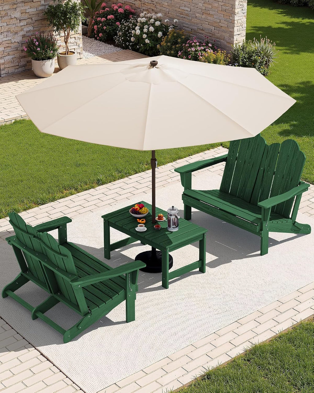 SERWALL Folding Adirondack Bench, HDPE All-Weather Adirondack Loveseat, 660 lbs Capacity, Foldable Outdoor Patio Bench for Deck, Lawn, Garden, Green