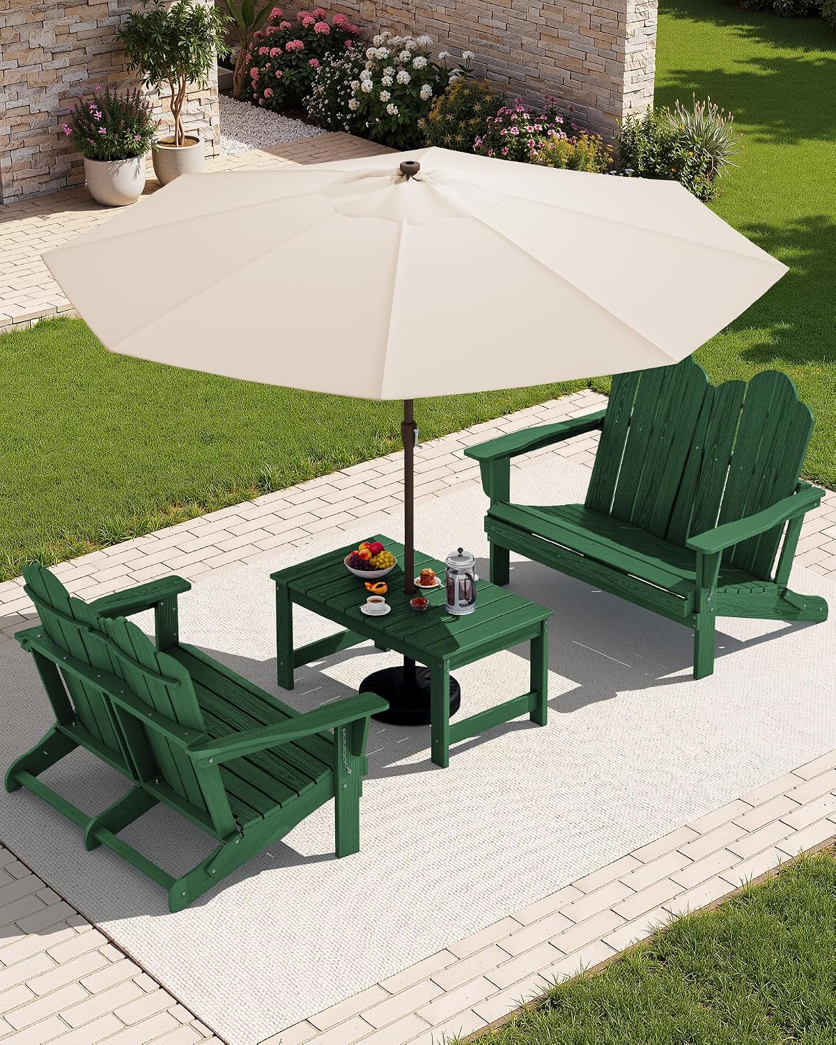 SERWALL Folding Adirondack Bench, HDPE All-Weather Adirondack Loveseat, 660 lbs Capacity, Foldable Outdoor Patio Bench for Deck, Lawn, Garden, Green