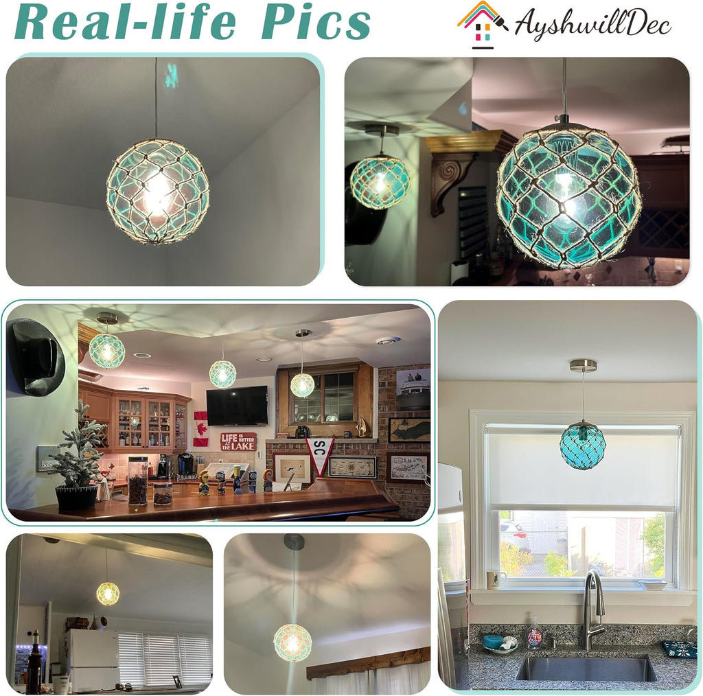 3-Light Blue Coastal Pendant Light Kitchen Island 3 Globe Glass Ocean Chandelier Beach House Boho Chandelier Hanging for Dining Room Living Room Bedroom Foyer (Bulb Incl.)