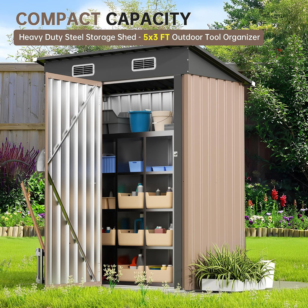 Lockable Metal Garden Shed, 5x2.5 FT Outdoor Metal Storage Sheds Multi-Used, Vertical Outdoor Steel Storage Sheds, Compact Metal Tool