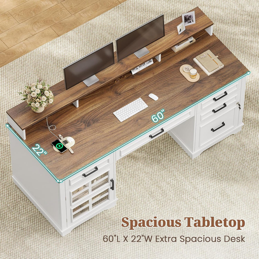 UPOSOJA 60'' Farmhouse Executive Desk with Drawers, Home Office Desk with Power Outlet & LED Light, Wood Computer Desk with Monitor Stand, Locking File Drawer, Glass Storage Cabinet, Hooks, White