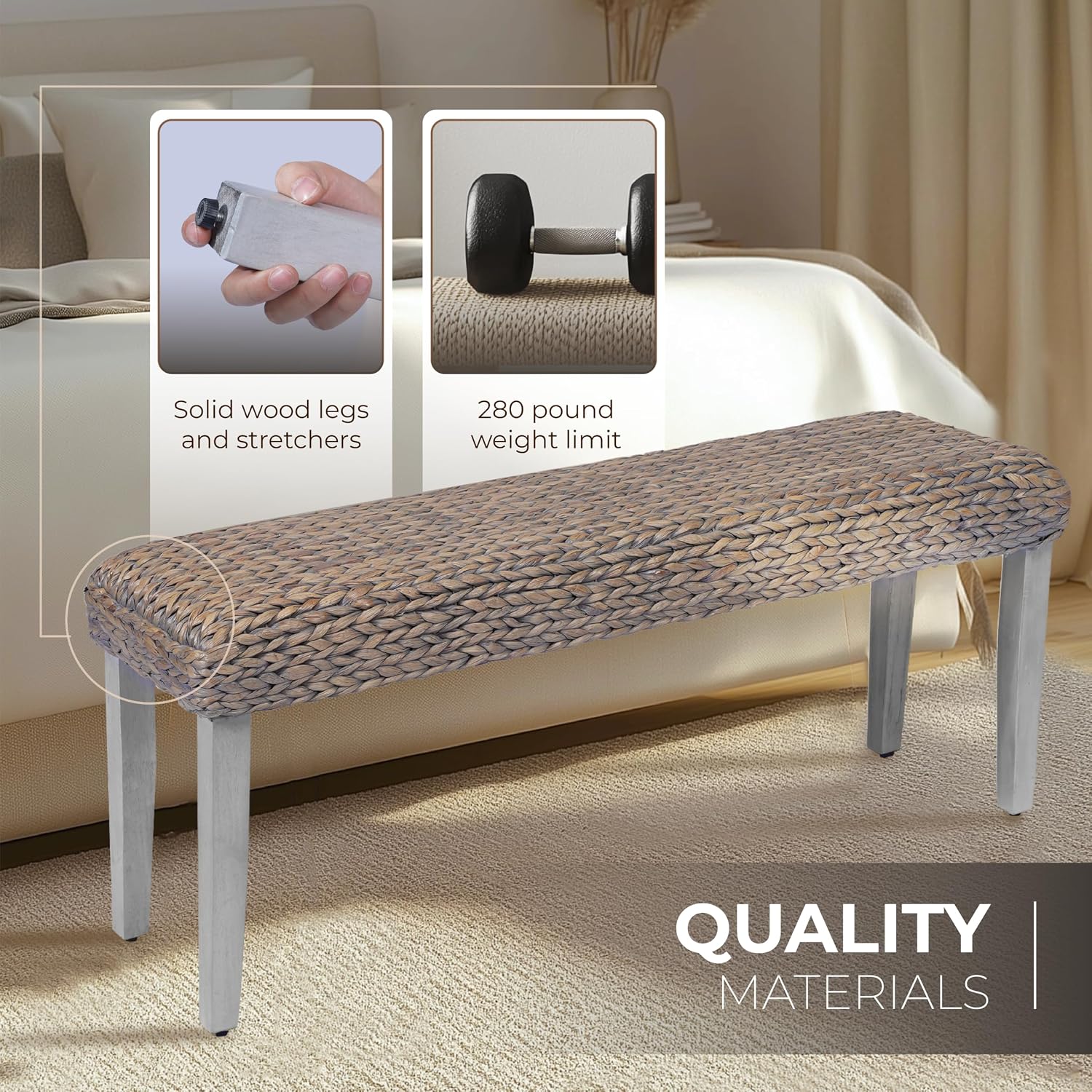 Solid Wood Acacia Indoor Bench with Natural Woven Water Hyacinth Seat, Wood Bench for Living Room or Entryway, Vintage Bench, Fishbone Style, Grey Leg