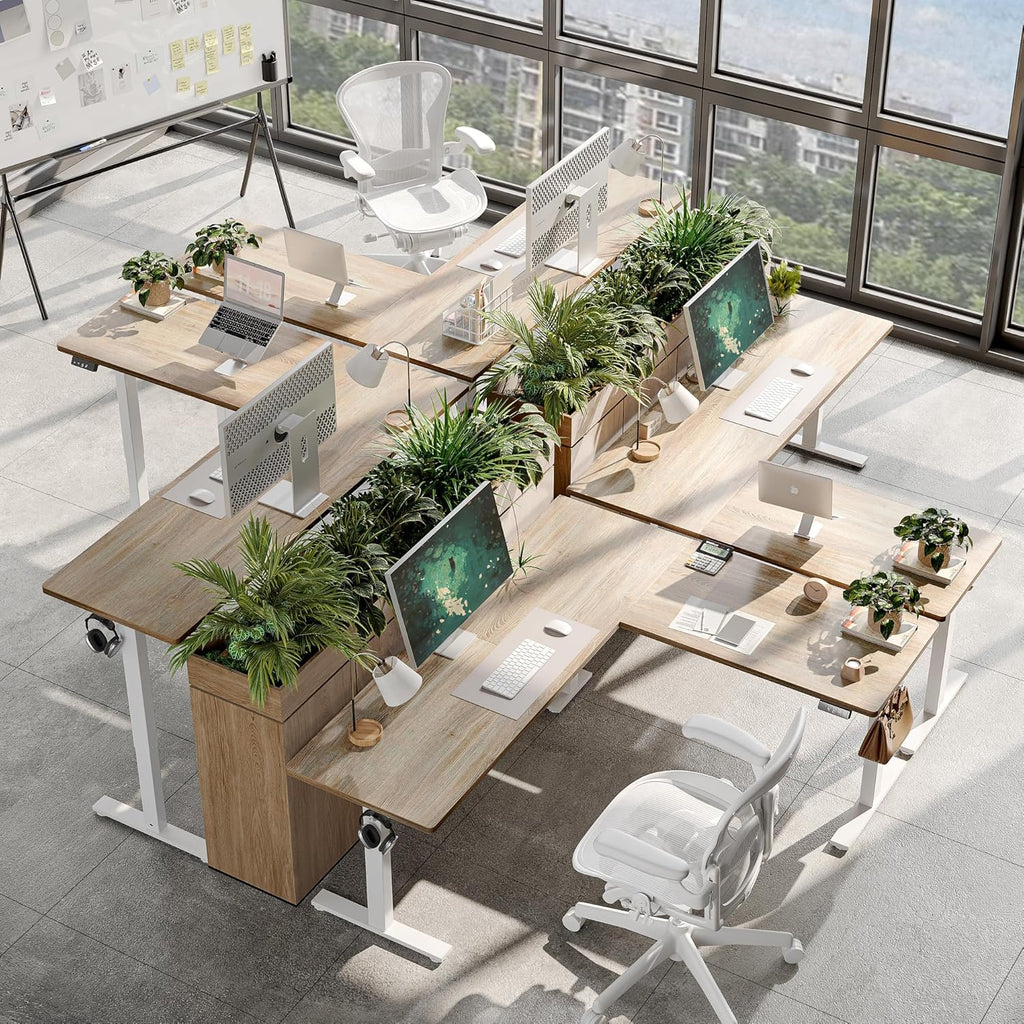 TIQLAB 75 x 61 inch Executive L Shaped Standing Desk Adjustable Height, Electric Corner Standing Desk, Sit Stand Computer Table with Splice Board, Maple