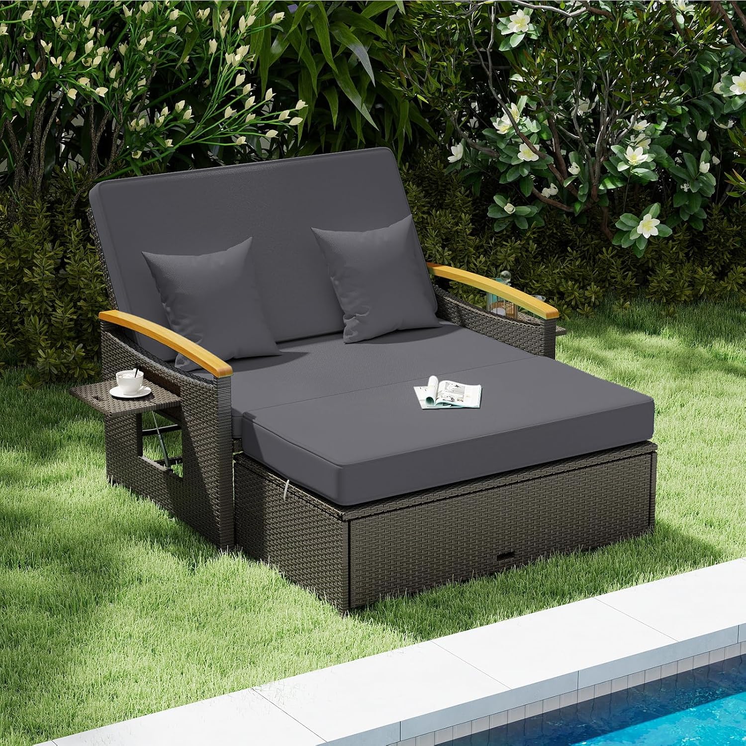 Tangkula Patio Rattan Daybed with 4-Level Adjustable Backrest, Outdoor Wicker Loveseat with Acacia Wood Armrest, Storage Ottoman & Folding Tray, Double Sunbed for Lawn Yard & Poolside, Grey & Brown