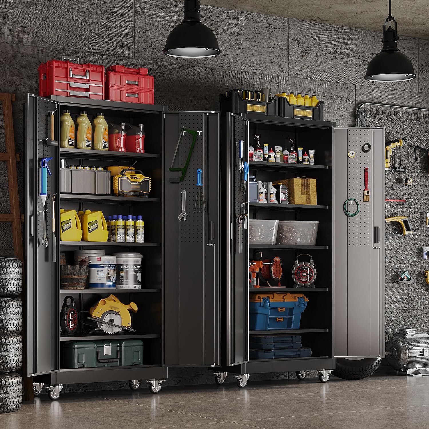 Reemoon 71' H Garage Storage Cabinets with 5 Adjustable Shelves and Door Pegboard,Metal Storage Cabinets with Wheels for Garage Home,Required Assembly,Black