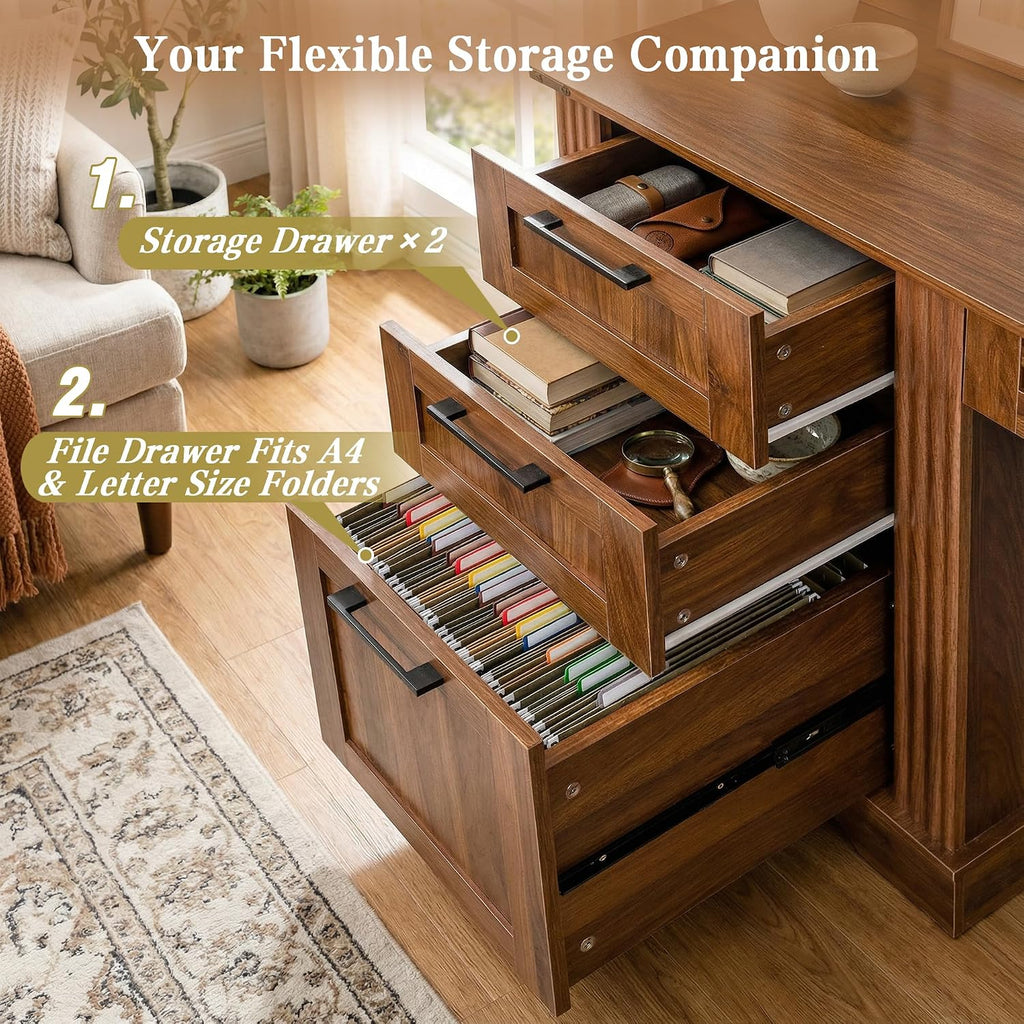 59.5' Farmhouse Office Desk with USB Charging Station, Fixed Monitor Stand with Drawers, Convertible Keyboard Tray & File Cabinet, Home Computer Workstation with Large Storage