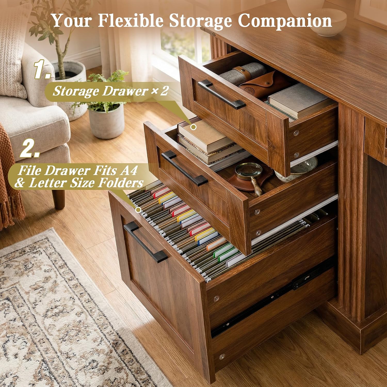 59.5' Farmhouse Office Desk with USB Charging Station, Fixed Monitor Stand with Drawers, Convertible Keyboard Tray & File Cabinet, Home Computer Workstation with Large Storage