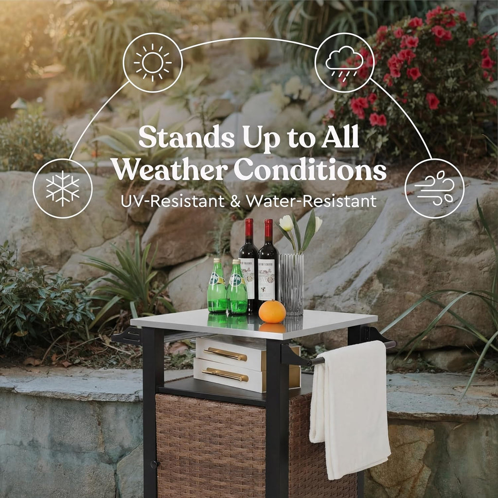 30' Grill Cart Outdoor with Wheels, Outdoor Prep Table with Wicker Storage and Rolling Wheels, Samll Kitchen Island Serving Cart with Stainless Steel Table Top for BBQ, Porch, Patio, Brown