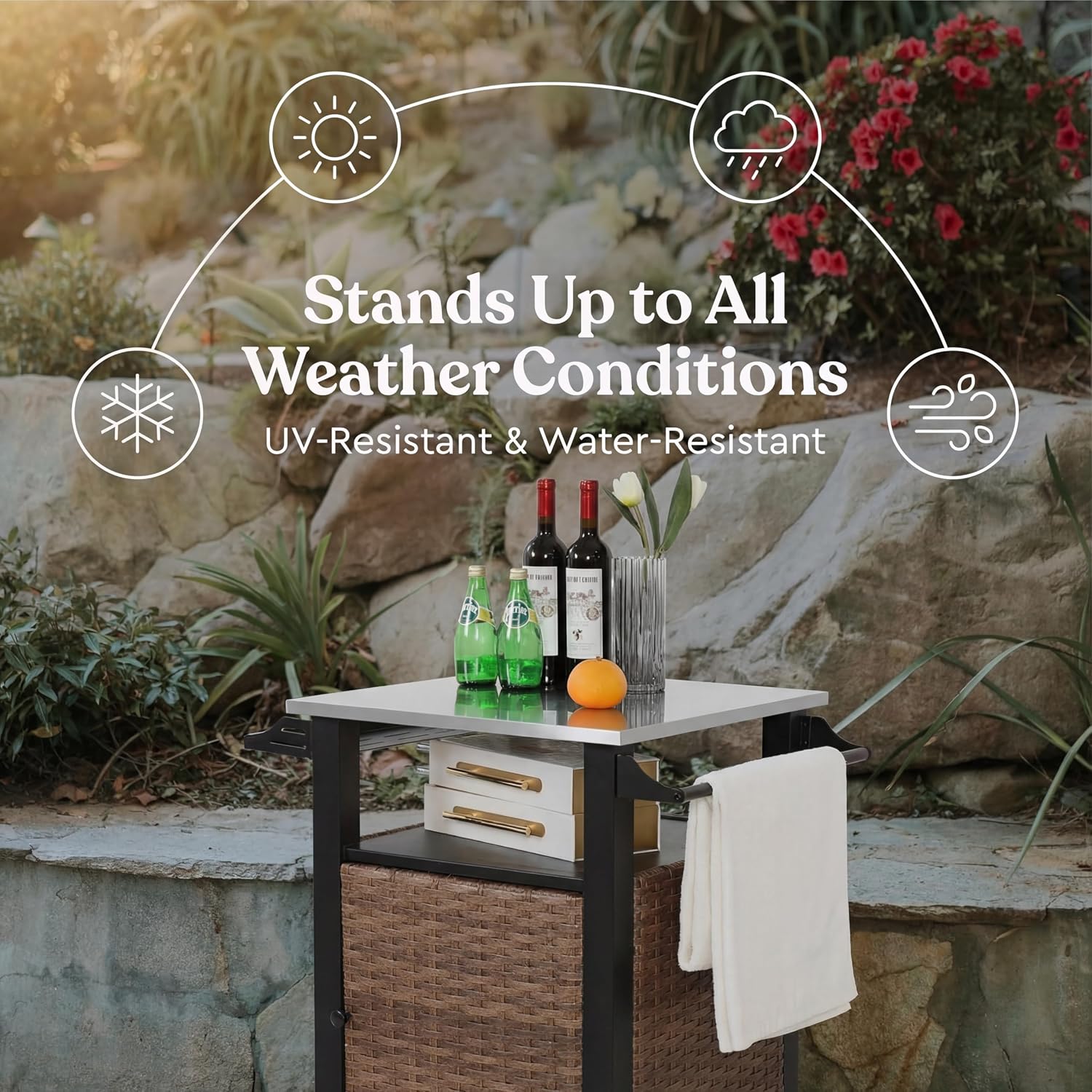 30' Grill Cart Outdoor with Wheels, Outdoor Prep Table with Wicker Storage and Rolling Wheels, Samll Kitchen Island Serving Cart with Stainless Steel Table Top for BBQ, Porch, Patio, Brown
