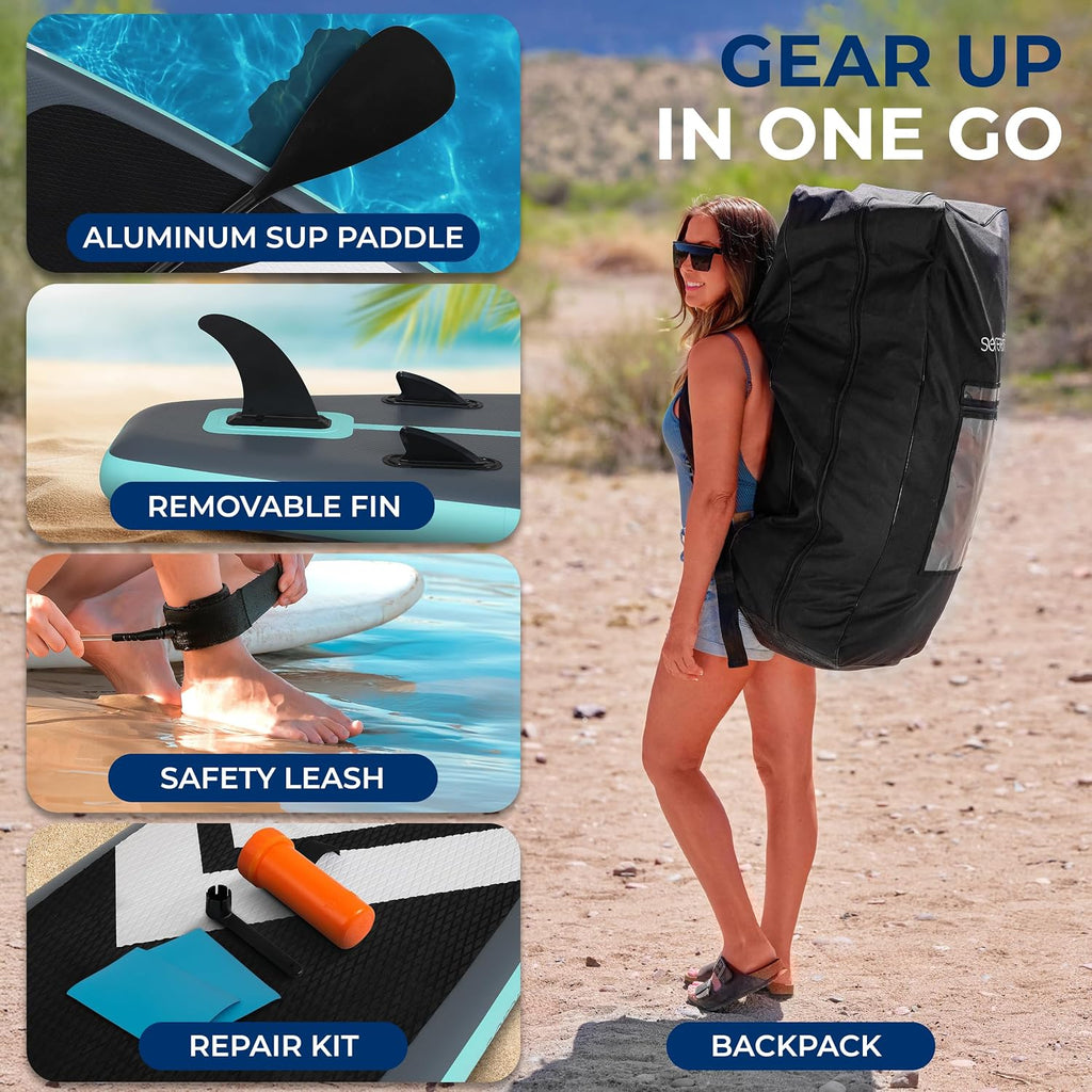 SereneLife Inflatable 10'6' Stand Up Paddle Board with 33' Wide Stable Platform – Non-Slip EVA Deck, 3-Piece Aluminum Paddle, Safety Leash, Removable Fins & Carry Backpack, 350 lbs Capacity