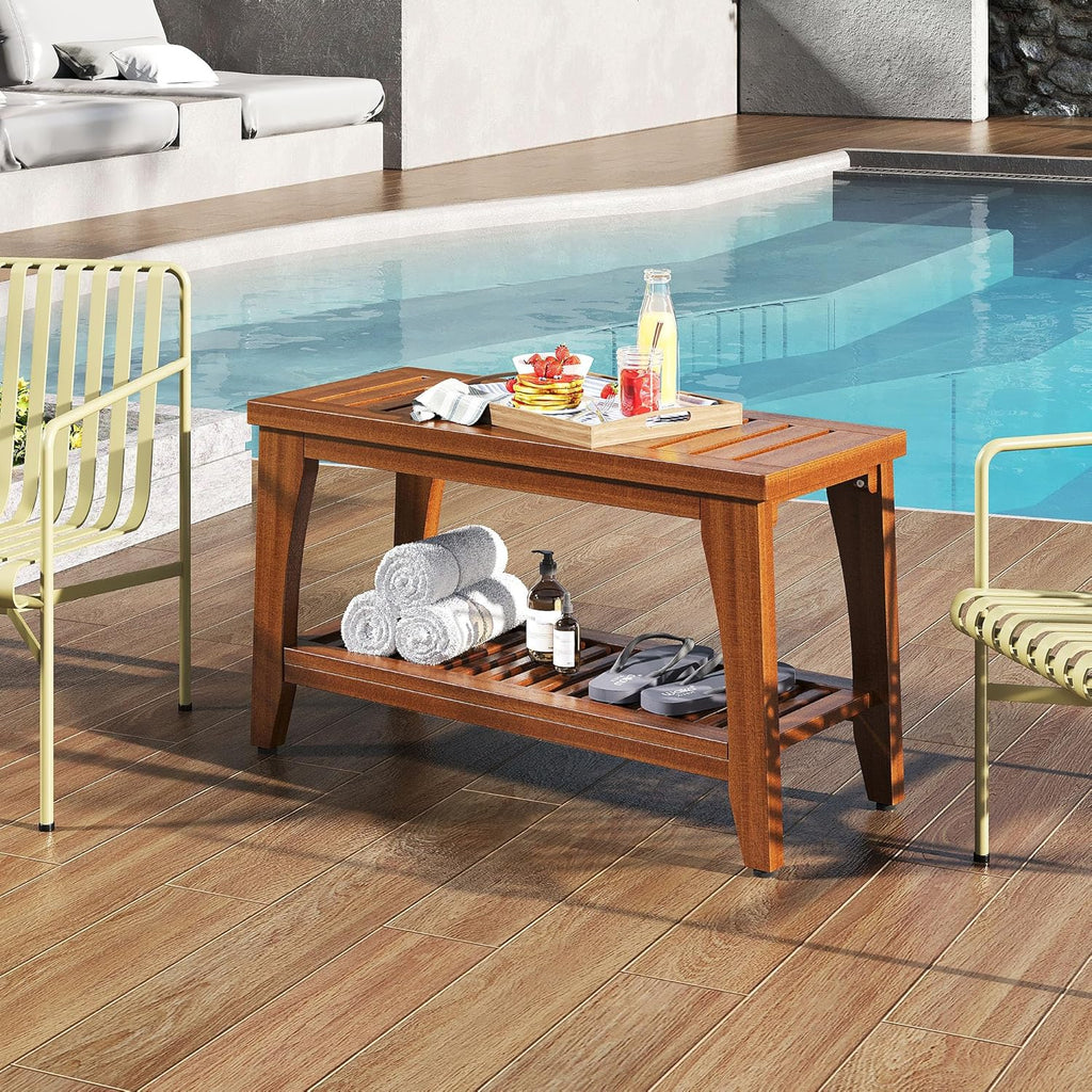 30' Premium Solid Teak Shower Bench with Storage Shelf - 450 lbs Capacity, Waterproof & Non-Slip Seat for Bathroom, Poolside, Spa