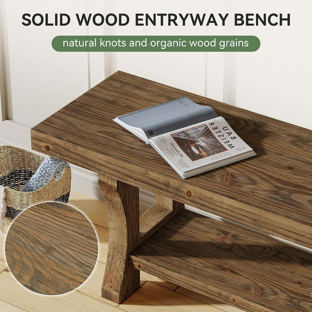 Solid Wood Entryway Bench, 55' End of Bed Bench, Long Indoor Dining Seat for Hallway, Bedroom, Living Room, Dining Room, Easy Assembly, Dark Brown