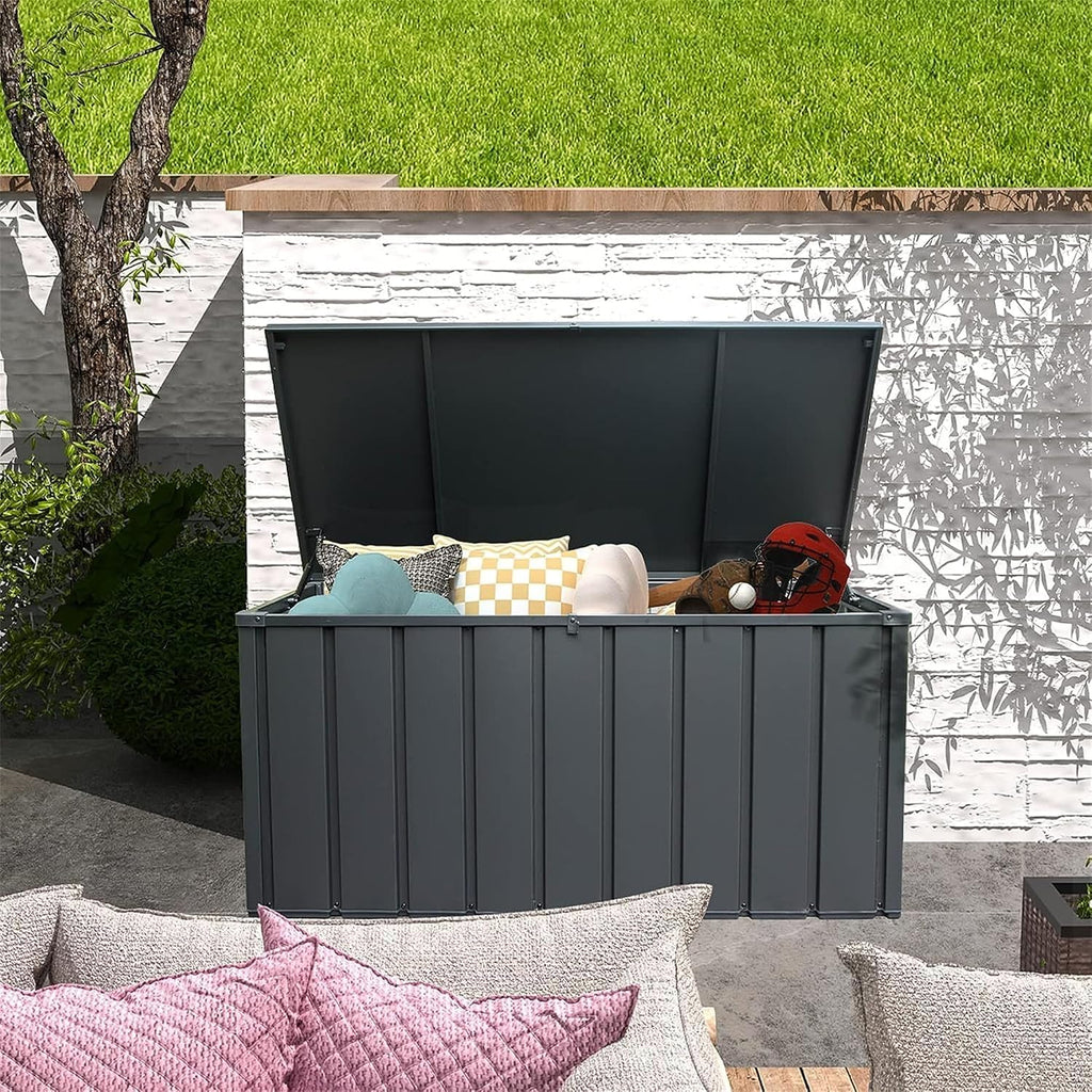 100 Gallon Metal Deck Box, Outdoor Storage Box Waterproof with Wheels, Lockable Storage Container for Patio Furniture Cushions Garden Tools, Dark Gray