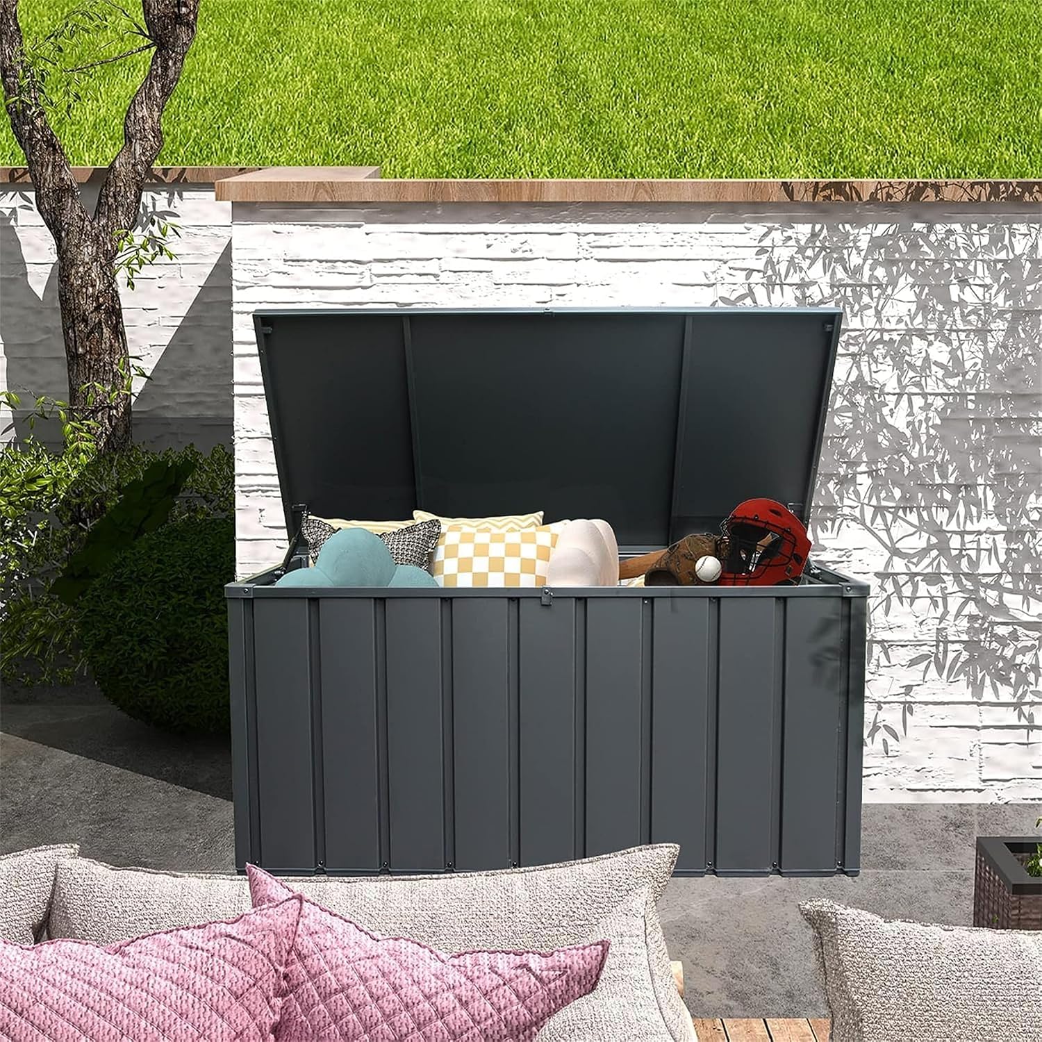 100 Gallon Metal Deck Box, Outdoor Storage Box Waterproof with Wheels, Lockable Storage Container for Patio Furniture Cushions Garden Tools, Dark Gray