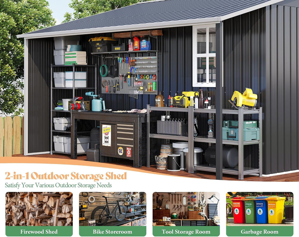 AMERLIFE 10.6x10.3x6.3 FT Galvanized Metal Storage Shed with Open Firewood Storage, Sliding Doors & Ramp, 2 Ventilated Windows, Weather-Resistant Outdoor Tool & Garden Shed, Dark Gray